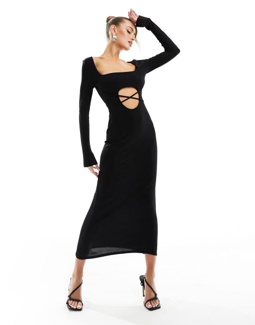 Asos Design Long Sleeve Square Neck Midi Dress With Cross Straps In Black Asos 9833