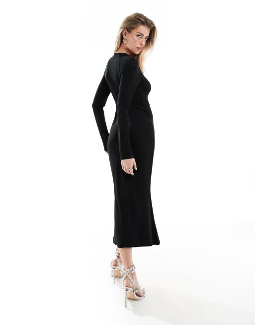 ASOS DESIGN long sleeve square neck midi dress with knot front in black |  ASOS