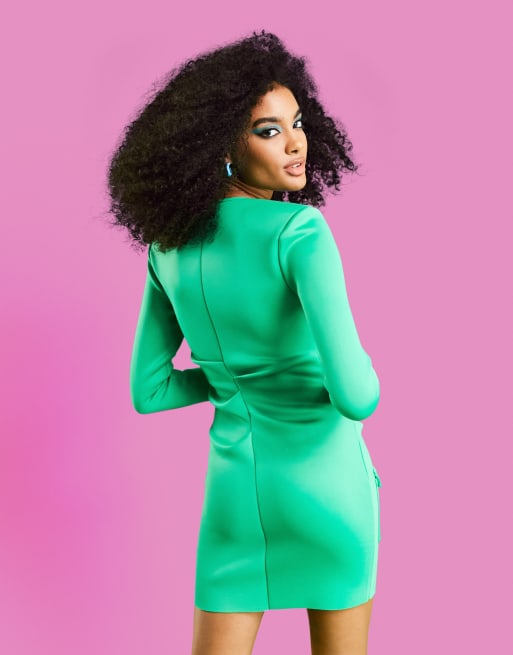 ASOS DESIGN long sleeve square neck mini dress in green | ASOS