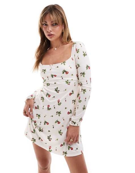 ASOS DESIGN long sleeve square neck mini dress with open back in white ditsy floral print - view 1