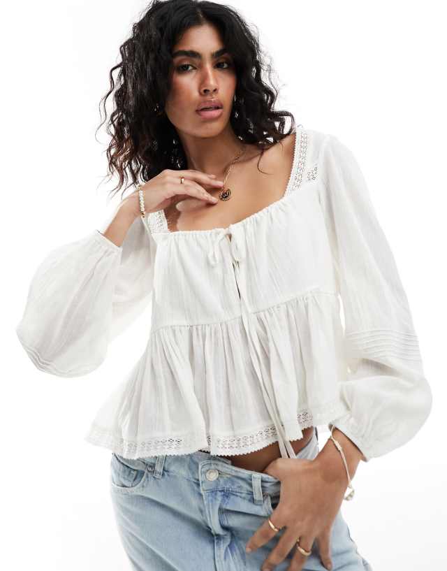 ASOS DESIGN long sleeve square neck peplum blouse with lace