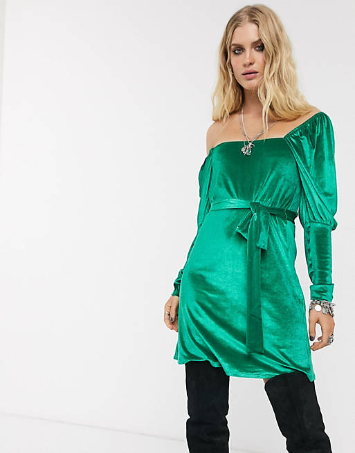 ASOS DESIGN Long sleeve square neck puff sleeve velvet mini dress in green
