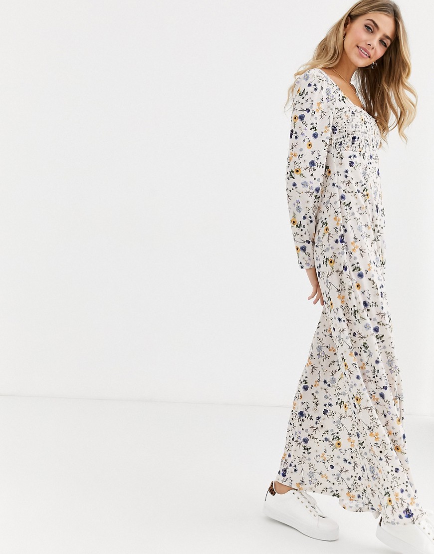 ASOS DESIGN long sleeve square neck shirred maxi dress in floral print-Multi