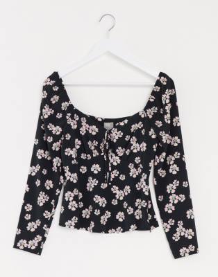 Asos Design Long Sleeve Blouse With Ruffle Detail In Black Base Floral Print-multi