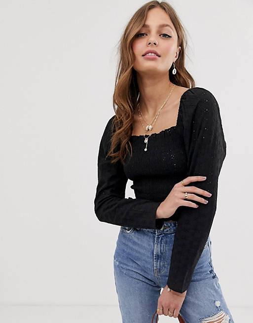 ASOS DESIGN long sleeve square neck top in broderie with shirring