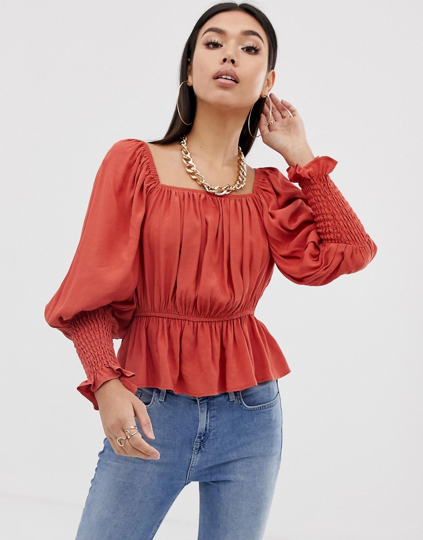 ASOS DESIGN long sleeve square neck top with shirred sleeve detail-Orange