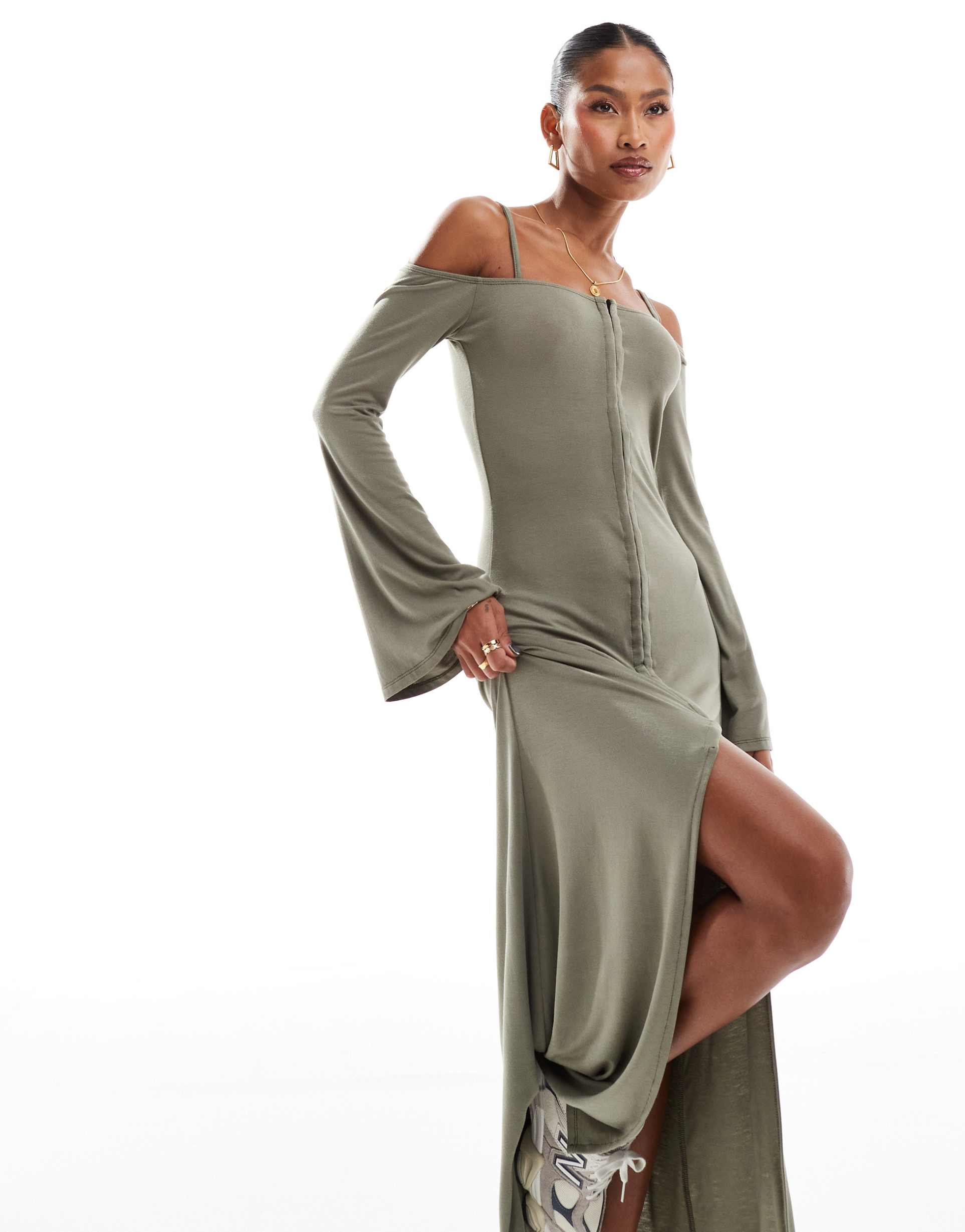 asos design long sleeve strappy maxi dress with hook and eye detail in sage