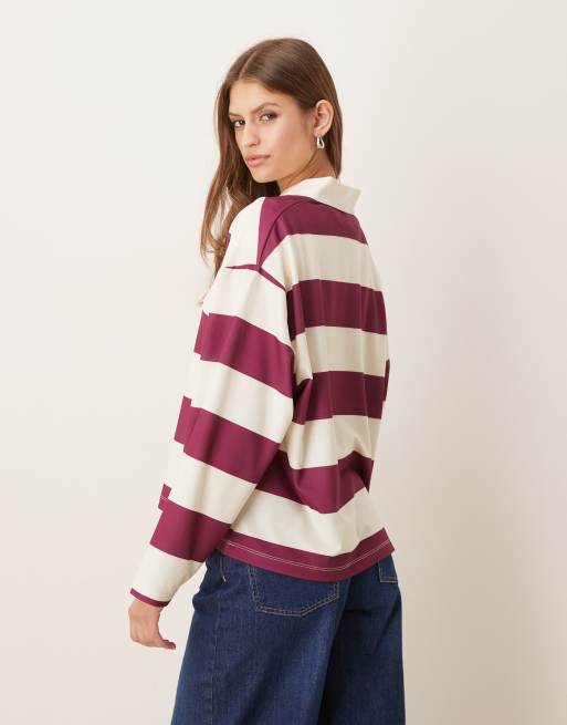 ASOS DESIGN long sleeve stripe rugby polo in plum stripe