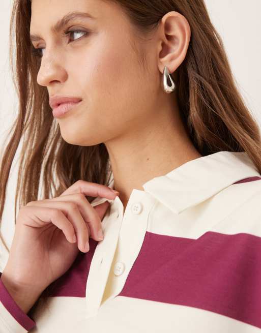 ASOS DESIGN long sleeve stripe rugby polo in plum stripe