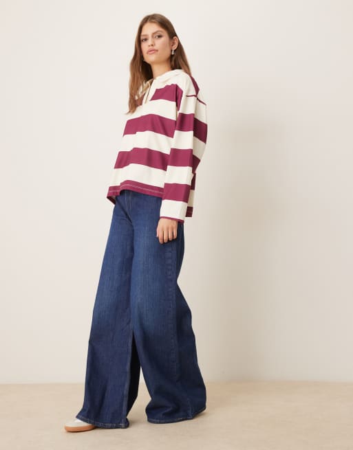 ASOS DESIGN long sleeve stripe rugby polo in plum stripe