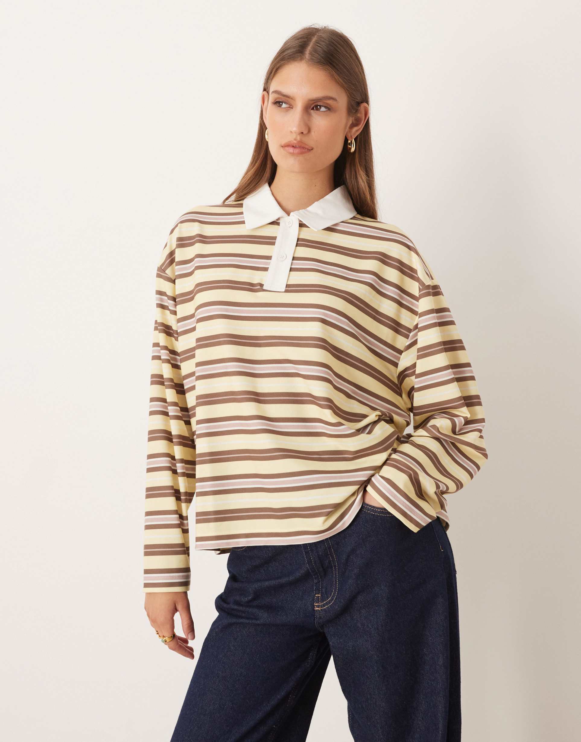 asos design long sleeve stripe rugby polo in yellow & choc stripe