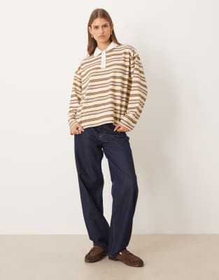 Asos Design Long Sleeve Stripe Rugby Polo In Multi