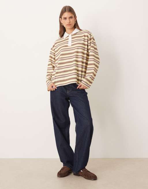 ASOS DESIGN long sleeve stripe rugby polo in yellow & choc stripe