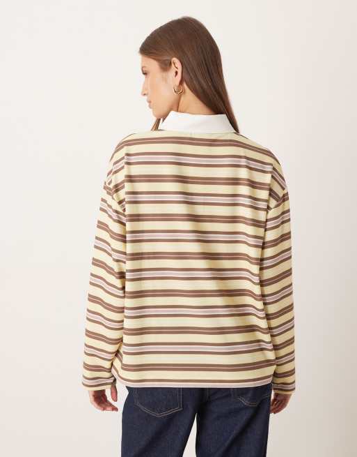ASOS DESIGN long sleeve stripe rugby polo in yellow & choc stripe