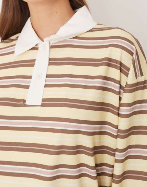 ASOS DESIGN long sleeve stripe rugby polo in yellow & choc stripe