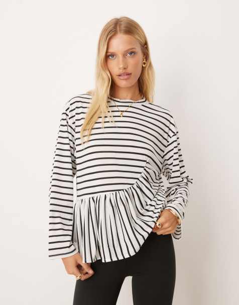 ASOS DESIGN long sleeve stripe t-shirt with ruched detail in black and white - view 1