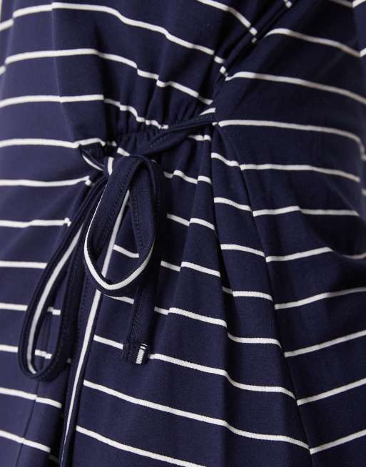 ASOS DESIGN long sleeve stripe tie side cinched detail top in navy, 2 of 4