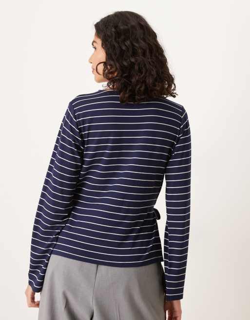 ASOS DESIGN long sleeve stripe tie side cinched detail top in navy, 3 of 4