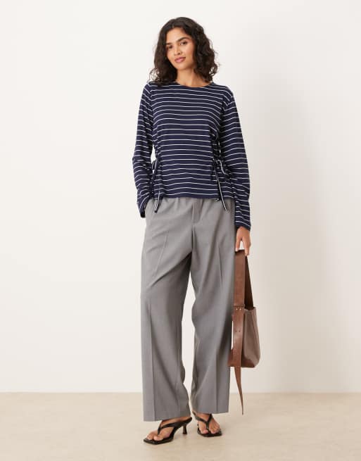ASOS DESIGN long sleeve stripe tie side cinched detail top in navy, 4 of 4