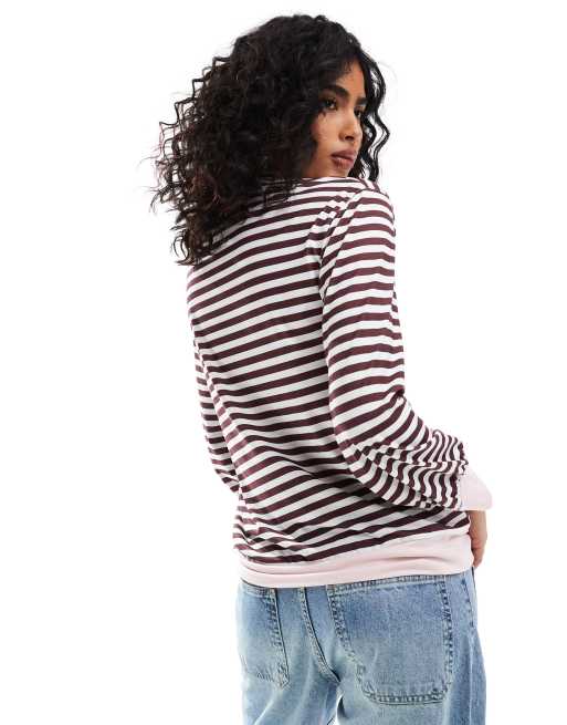 ASOS DESIGN long sleeve stripe top with contrast cuffs and neckband in brown, 2 of 4