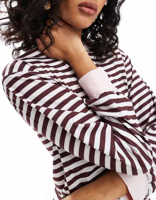 ASOS DESIGN long sleeve stripe top with contrast cuffs and neckband in brown, 4 of 4