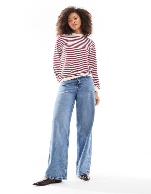 ASOS DESIGN long sleeve stripe  top with contrast cuffs and neckband in burgundy, 2 of 4