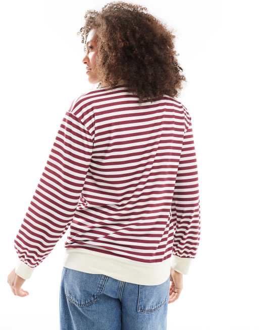 ASOS DESIGN long sleeve stripe  top with contrast cuffs and neckband in burgundy, 3 of 4