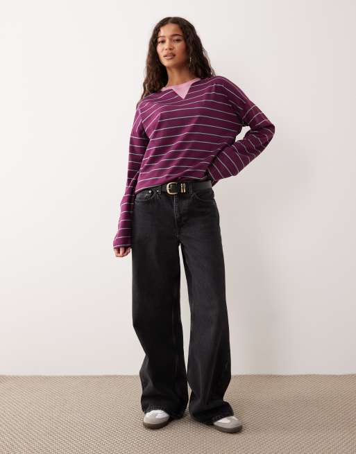 ASOS DESIGN long sleeve stripe top with contrast notch crew neck detail in fig, 2 of 4
