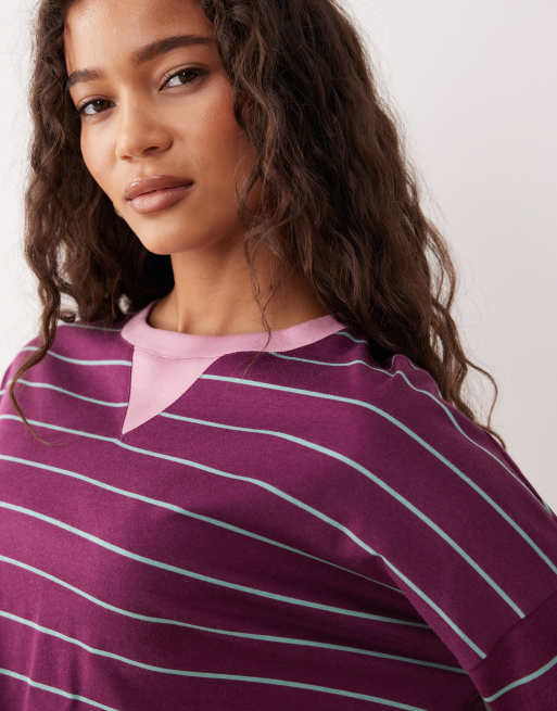 ASOS DESIGN long sleeve stripe top with contrast notch crew neck detail in fig, 3 of 4