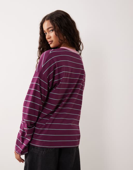 ASOS DESIGN long sleeve stripe top with contrast notch crew neck detail in fig, 4 of 4