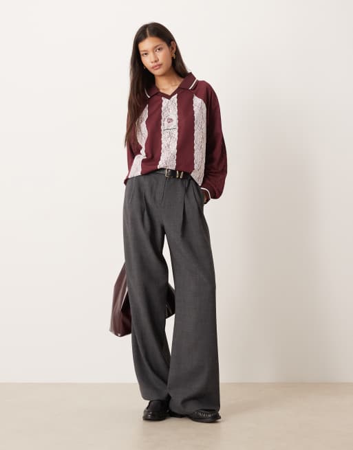 ASOS DESIGN long sleeve striped lace detail soccer t-shirt in pink & burgundy