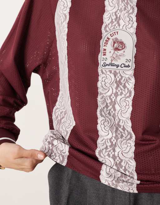 ASOS DESIGN long sleeve striped lace detail soccer t-shirt in pink & burgundy