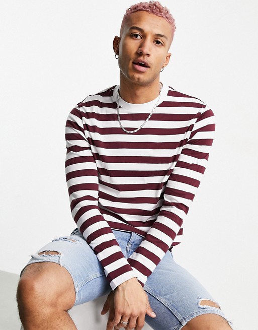 ASOS DESIGN long sleeve striped cotton t-shirt in burgundy - PURPLE