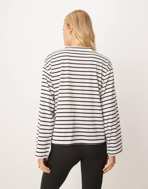ASOS DESIGN long sleeve striped t-shirt with ruched detail in black and white, 2 of 4