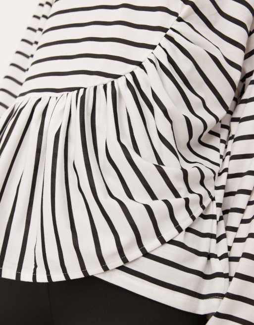 ASOS DESIGN long sleeve striped t-shirt with ruched detail in black and white, 3 of 4