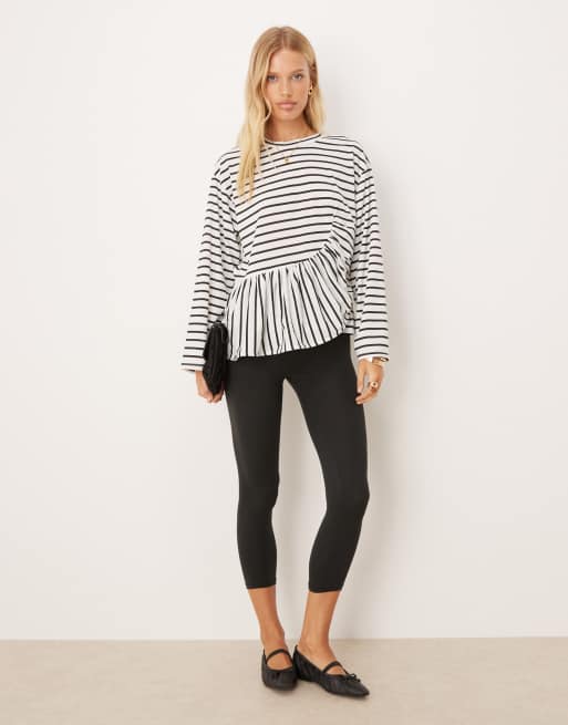 ASOS DESIGN long sleeve striped t-shirt with ruched detail in black and white, 4 of 4