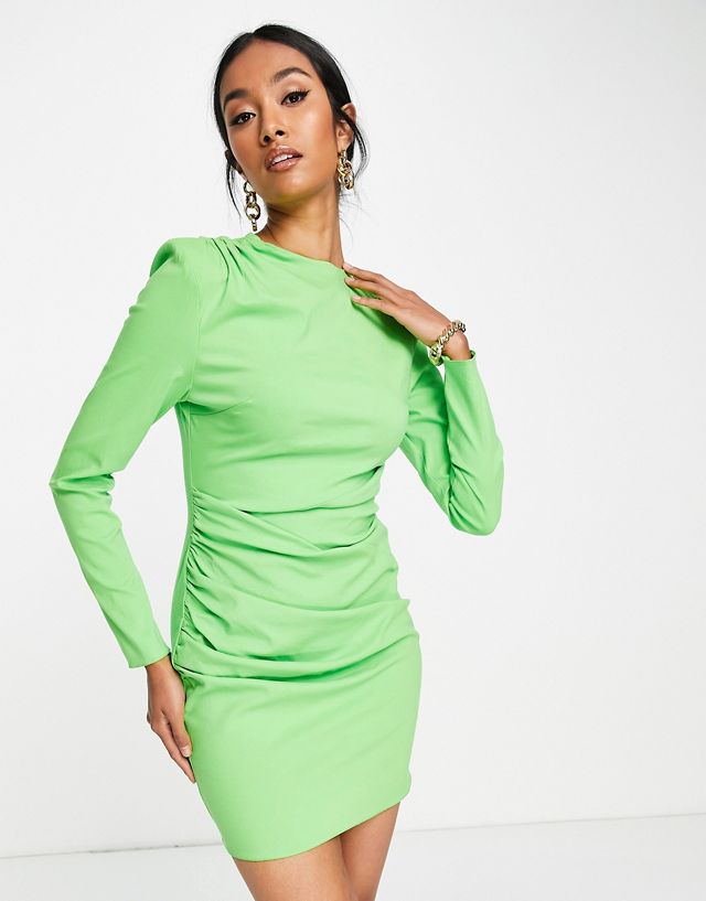 ASOS DESIGN long sleeve structured mini dress with pleat detail in green