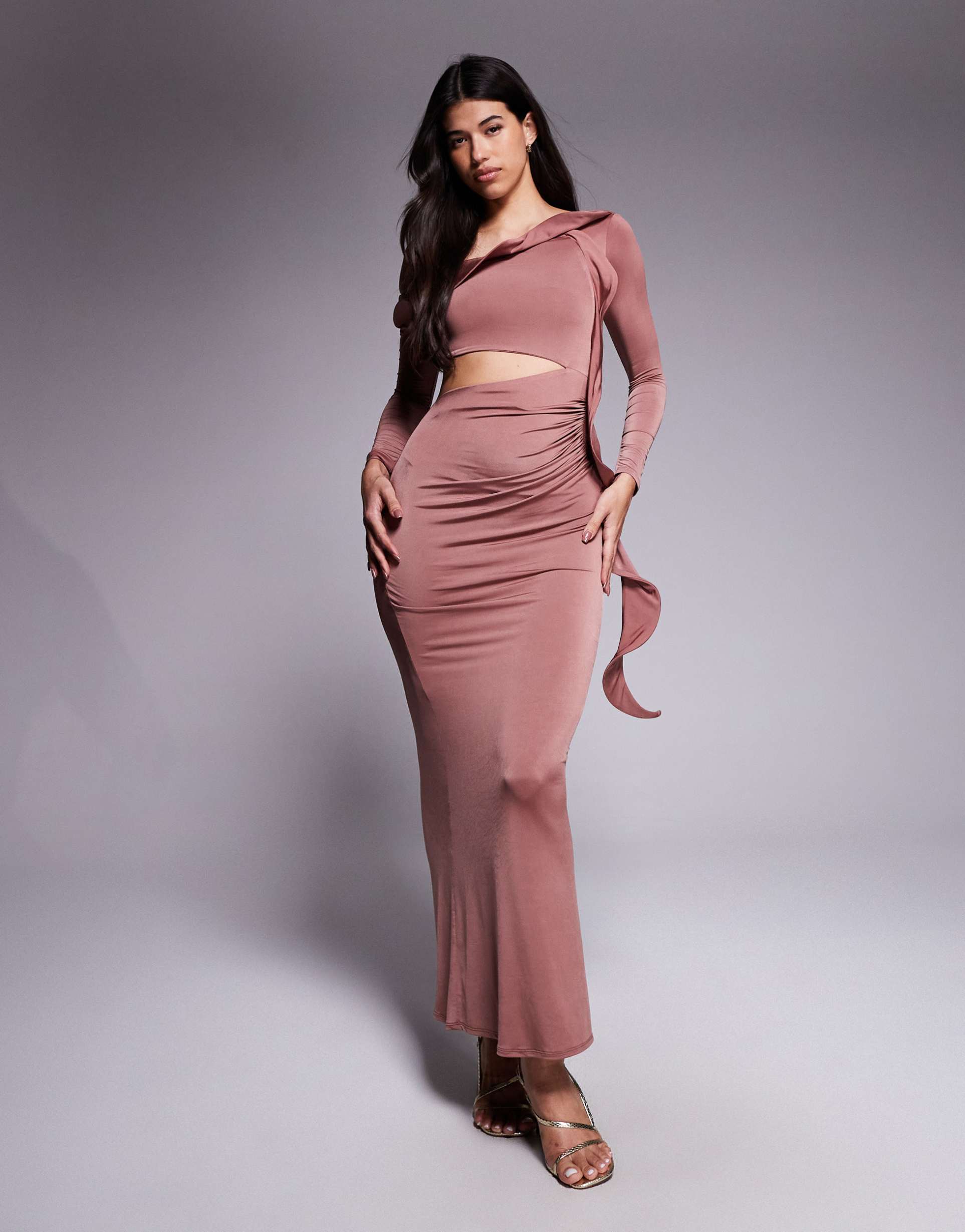 asos design long sleeve structured ruffle midi dress with cut out detail in chestnut