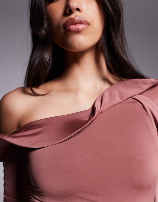 ASOS DESIGN long sleeve structured ruffle midi dress with cut out detail in chestnut, 3 of 4