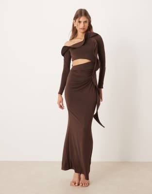 ASOS DESIGN long sleeve structured ruffle midi dress with cut-out detail in chocolate-Brown