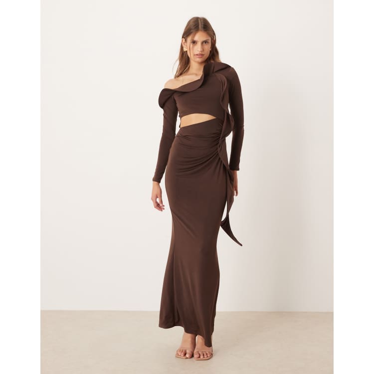 brown ruffle midi dress Satin Double Breasted Ruffle Skirt Midi Dress