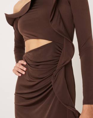 Asos Design Long Sleeve Structured Ruffle Midi Dress With Cut-out Detail In Brown