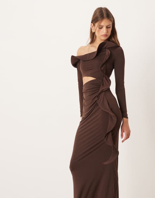 ASOS DESIGN long sleeve structured ruffle midi dress with cut out detail in chocolate, 4 of 4