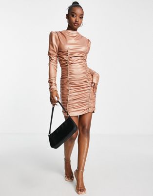 ASOS DESIGN LONG SLEEVE SUPER RUCHED PU MINI DRESS IN STONE-NEUTRAL,DH8782