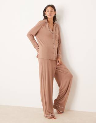 Asos Design Long Sleeve Super Soft Pajama Set In Brown