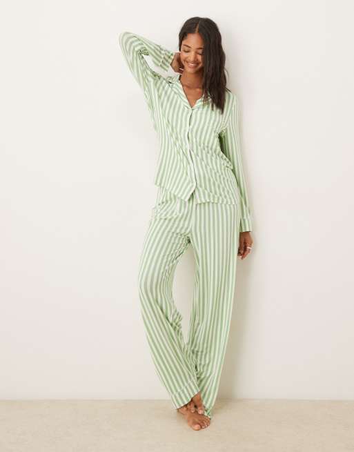 ASOS DESIGN long sleeve super soft pajama set in green stripe & lilac contrast piping, 2 of 4