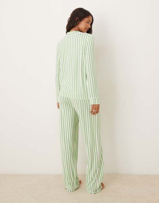ASOS DESIGN long sleeve super soft pajama set in green stripe & lilac contrast piping, 3 of 4
