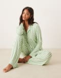 [ASOS DESIGN] ASOS DESIGN long sleeve super soft pyjama set in green stripe & lilac contrast piping-Multi XS Green stripe