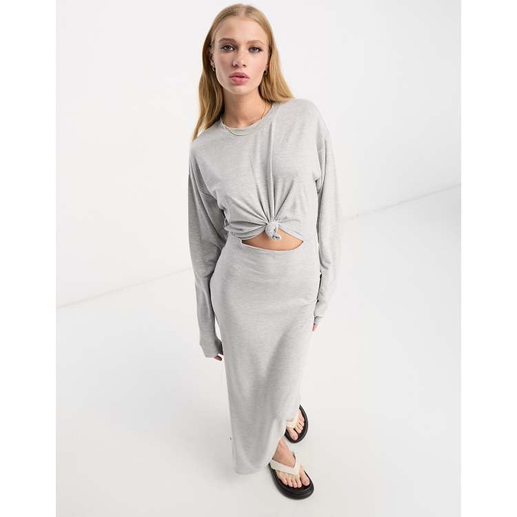 ASOS DESIGN long sleeve sweat midi dress with knot in grey