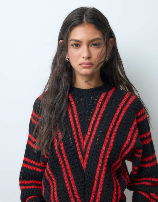 ASOS DESIGN long sleeve sweater with diagonal stripe in black and red, 2 of 5